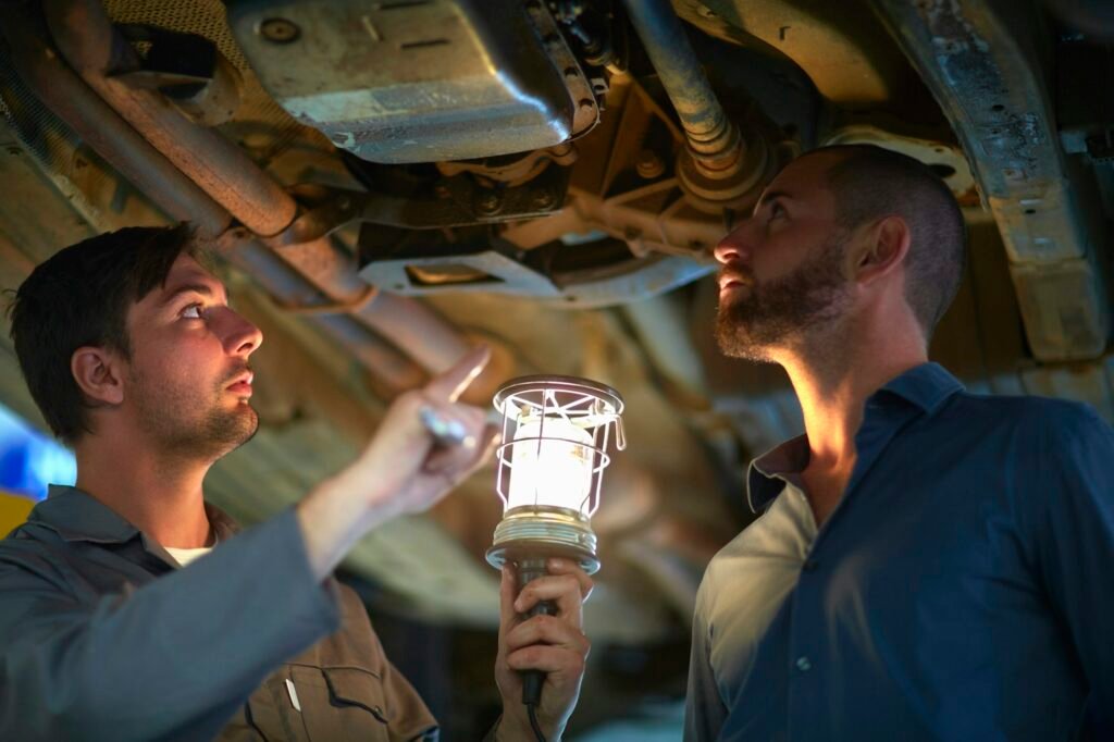 Car mechanic with client in repair garage